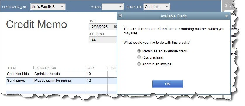 Credit Memo Image in QuickBooks