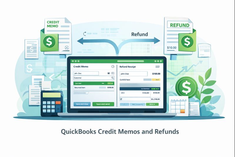 QuickBooks Online credit memo and refund workflow displayed on a dashboard