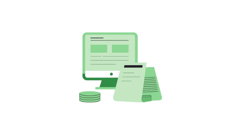 Computer, documents, and coins illustration