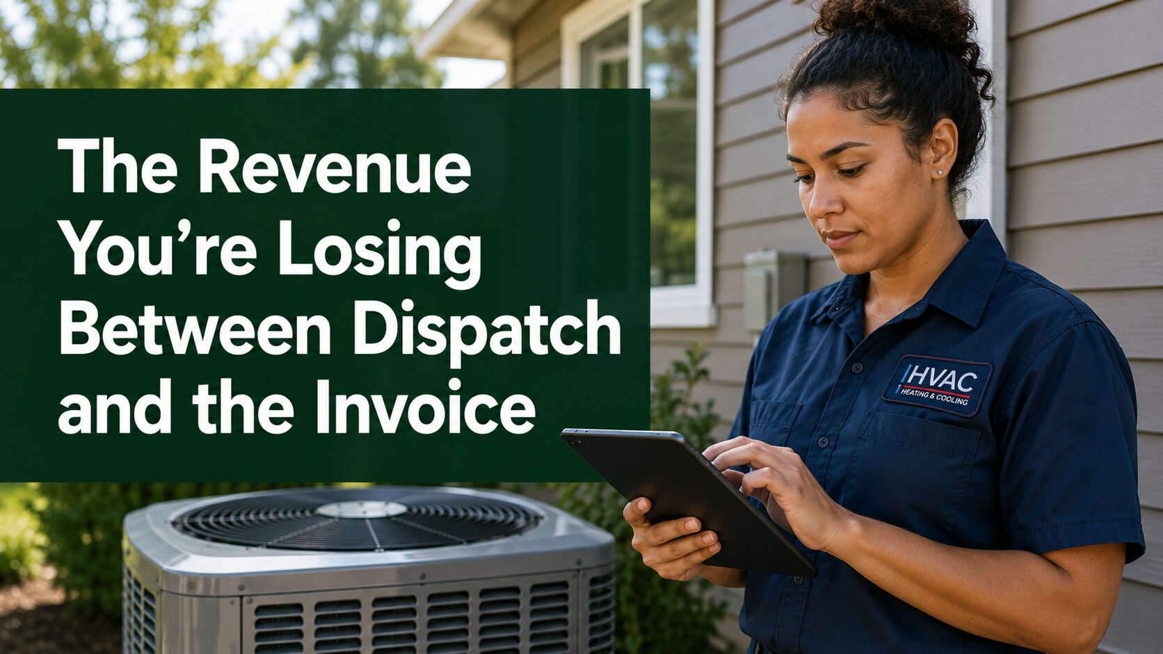 Woman using tablet near HVAC unit