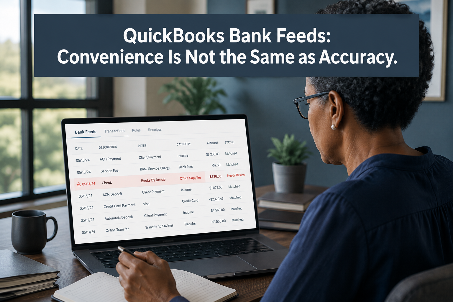 Person reviewing QuickBooks bank feeds