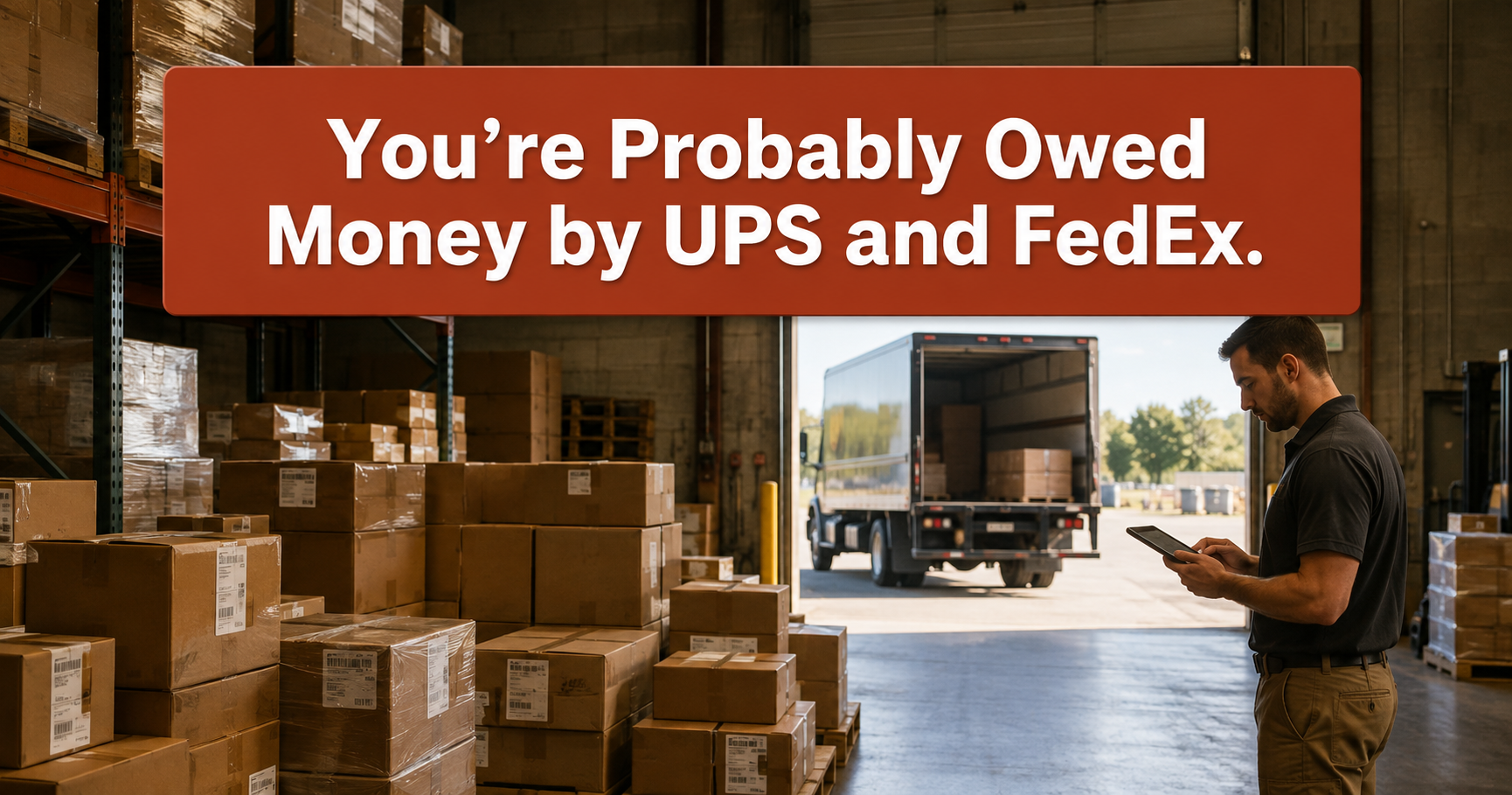 Warehouse scene with UPS and FedEx message.