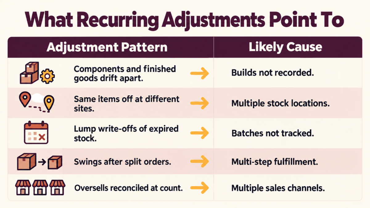 Your Monthly QuickBooks Inventory Adjustment Is a Signal, Not a Chore 2 Chart matching five recurring QuickBooks inventory adjustment patterns to their likely operational causes