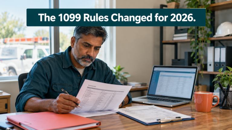 Business owner reviewing contractor W-9s and a vendor list before filing under the new 1099 rules