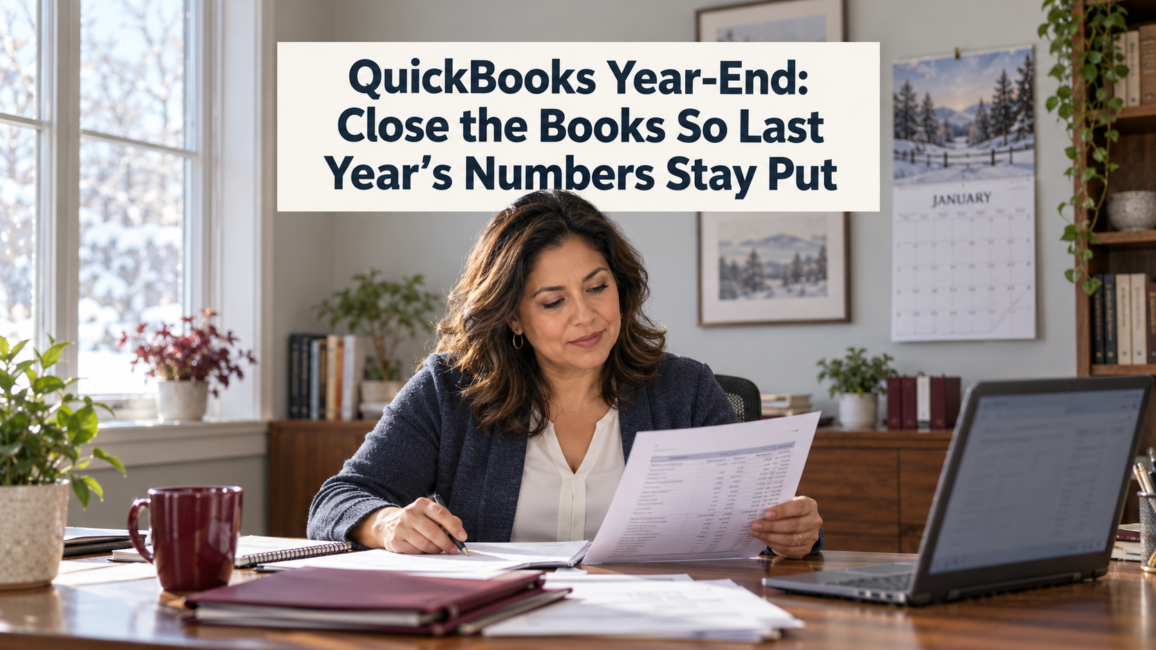 Office manager reviewing a year-end balance sheet before closing the books in QuickBooks Online